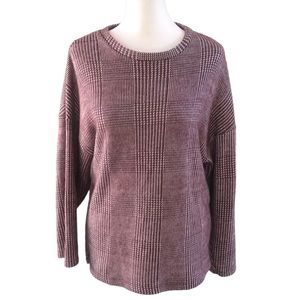 ZARA Houndstooth Burgundy & White  Long Sleeve Crew Neck Knit Sweater Sz Sm